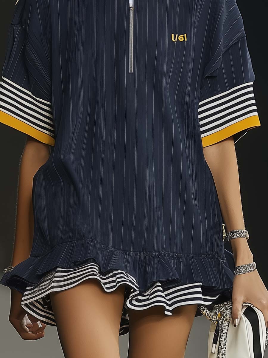 【24-hour shipping out】Casual Ultra-loose Front Zipper Short-sleeved Ruffled Hem Navy Blue Hoodie Style Mini Dress