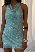 Sexy Halter Solid Color Knitted Sequins Mini Dress