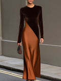 Chocolate Velvet & Satin Color-Block Maxi Dress