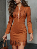 Daily Brown Stand-Up Collar Long Sleeve Strappy Western Zipper Chamois Mini Dresses
