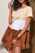 Color Block Split Joint Contrast O Neck Pleated Mini Dress