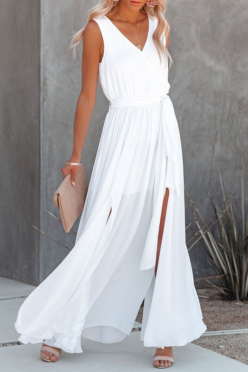 Fashion Street Solid Patchwork Slit V Neck Irregular Dresses