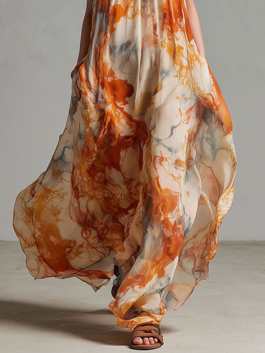 Vintage Marble Pattern Orange Chiffon Sleeveless Maxi Dress