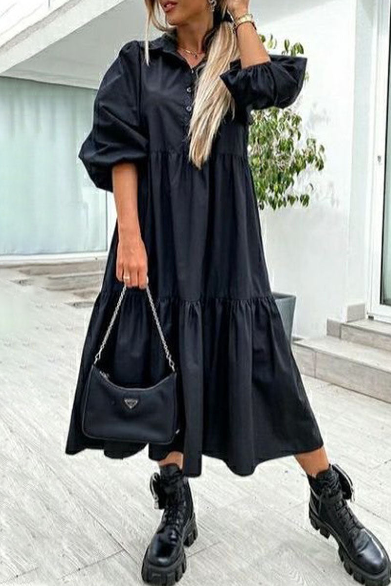 Fashion Street Solid Turndown Collar Princess Dresses(3Colors)