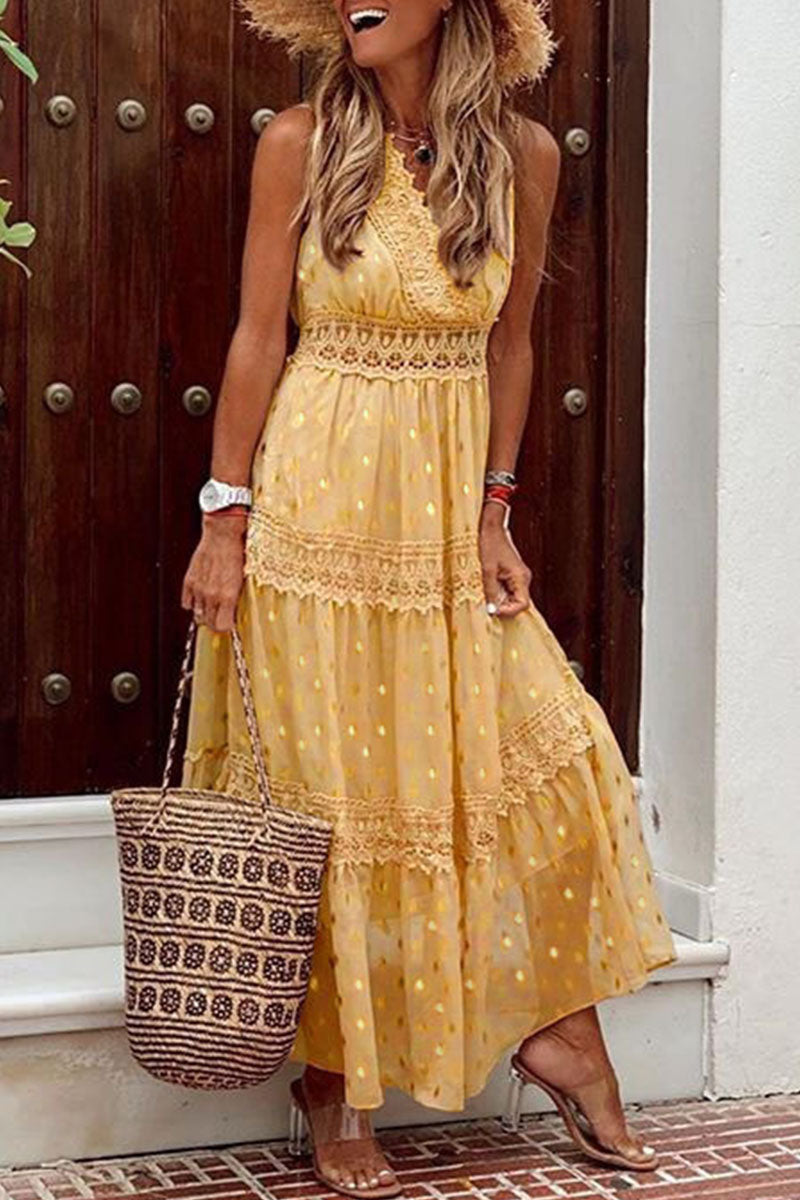 Fashion Solid Patchwork V Neck Cake Skirt Dresses(5 Colors)