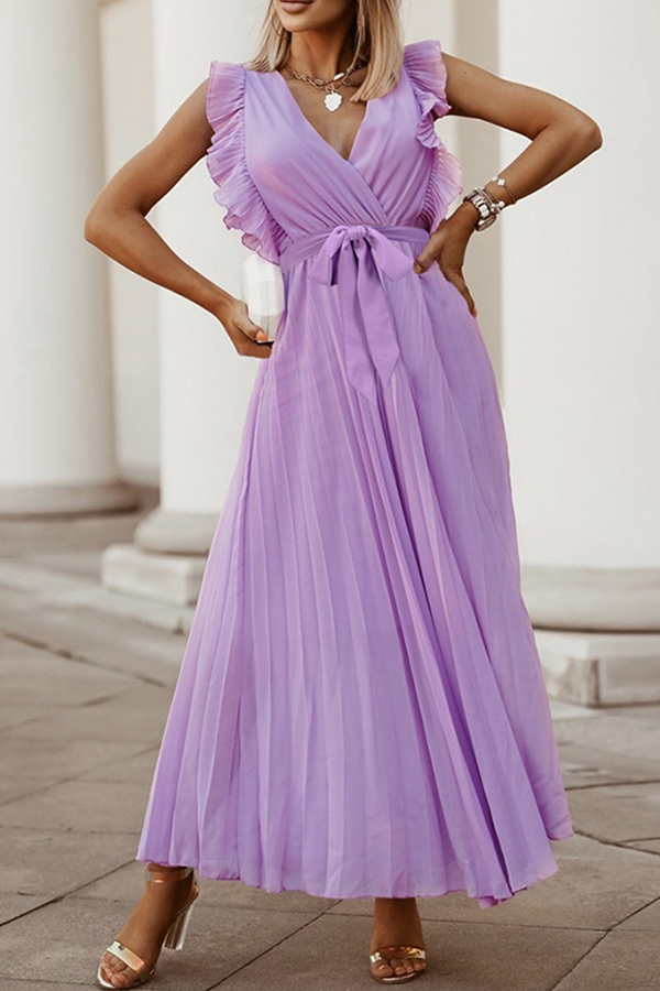 Elegant Solid Flounce Strap Design V Neck Pleated Dresses(6 Colors)