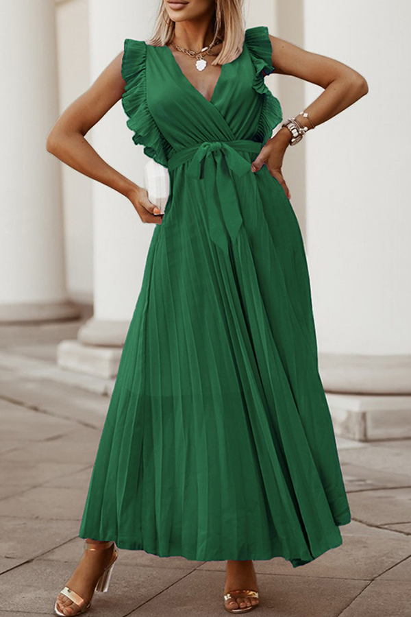 Elegant Solid Flounce Strap Design V Neck Pleated Dresses(6 Colors)