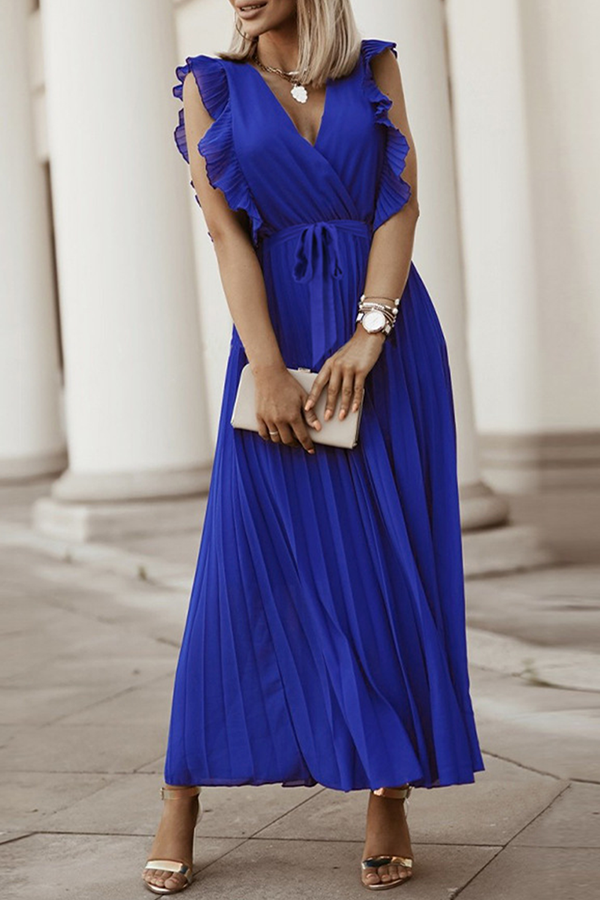 Elegant Solid Flounce Strap Design V Neck Pleated Dresses(6 Colors)