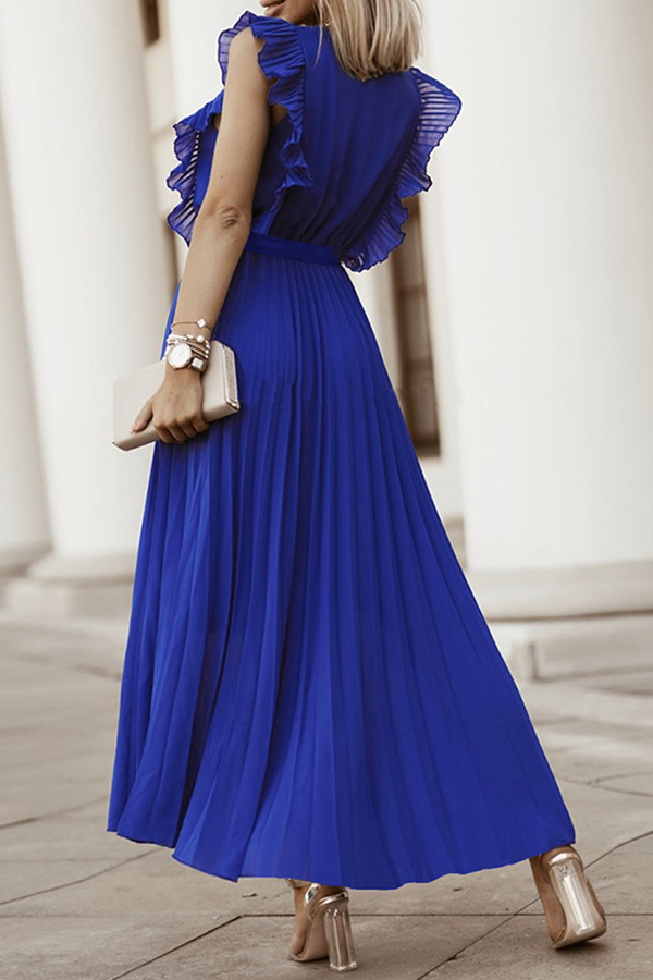Elegant Solid Flounce Strap Design V Neck Pleated Dresses(6 Colors)
