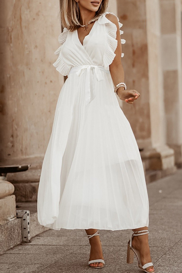 Elegant Solid Flounce Strap Design V Neck Pleated Dresses(6 Colors)