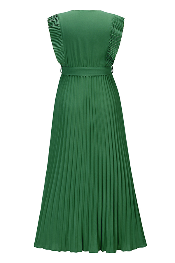 Elegant Solid Flounce Strap Design V Neck Pleated Dresses(6 Colors)
