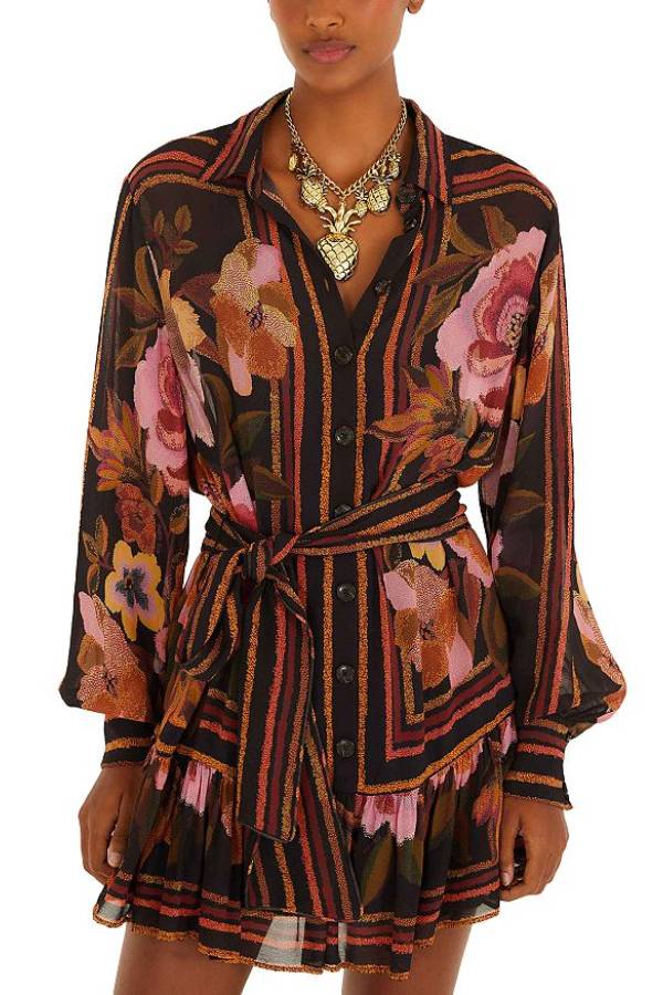 Vintage floral striped waist shirt dress