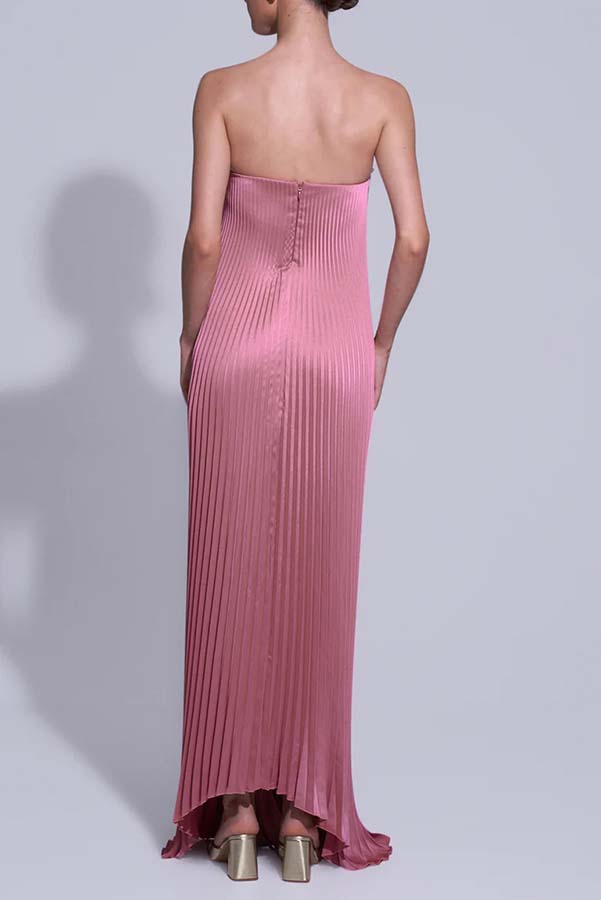 Darling Moment Satin Fabric Off Shoulder V-neck Asymmetric Hem A-line Maxi Dress
