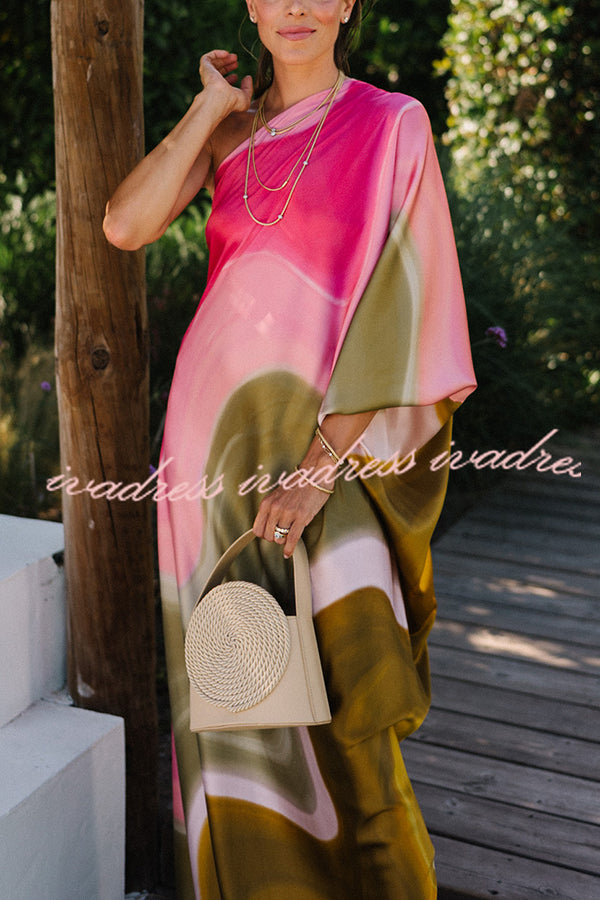 Summertime Favorites Satin Tie Dye Print One Shoulder Drape Vacation Maxi Dress