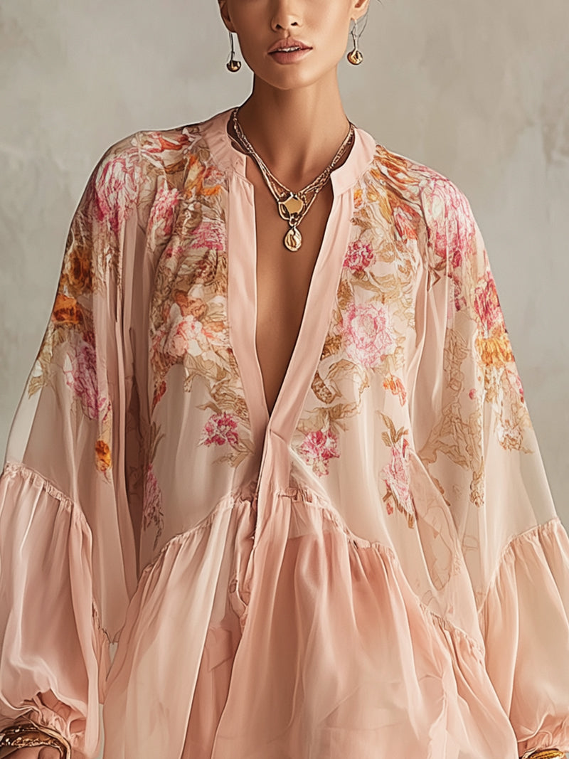 Pink Floral Chiffon Balloon-Sleeve Mini Dress