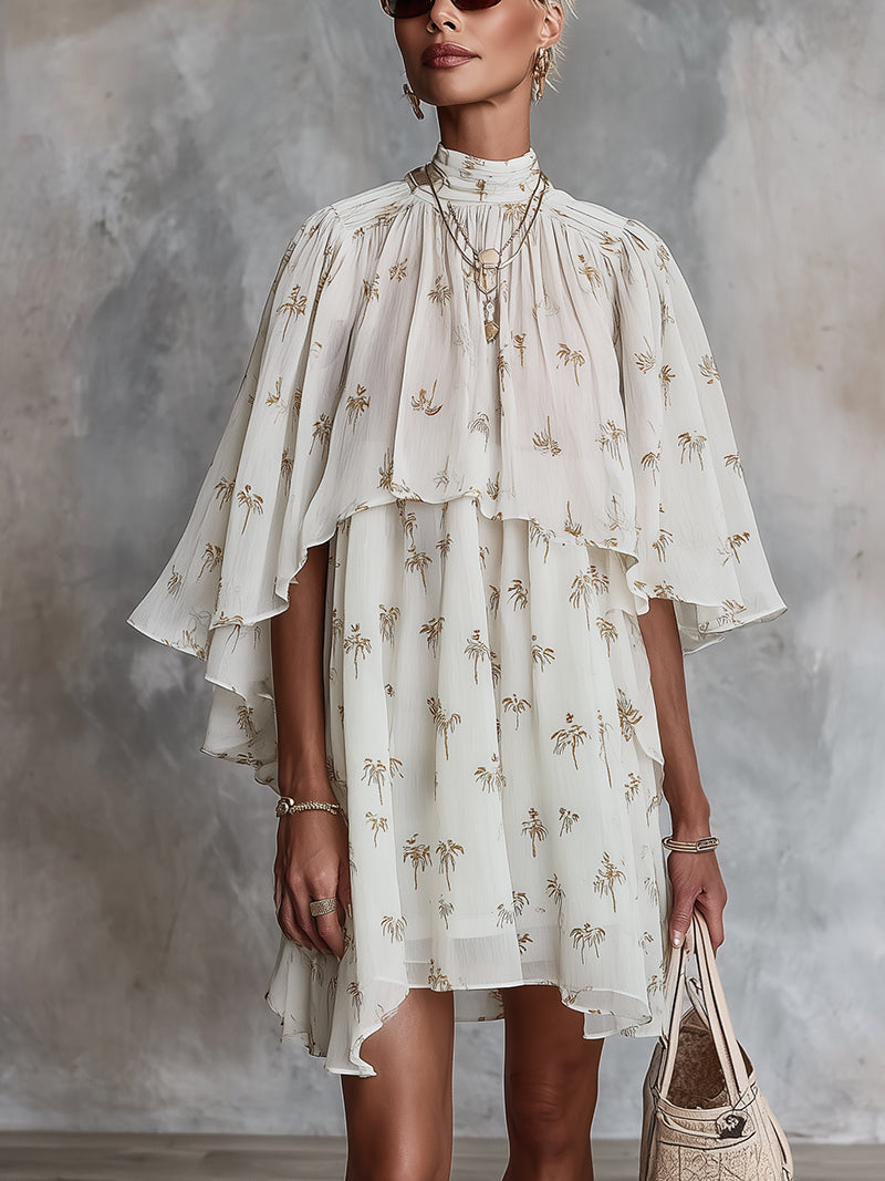 White Palm Print Chiffon Mini Dress With Cape Collar