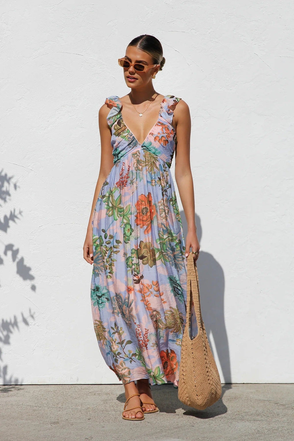 Ruffle V Neck Maxi Dress