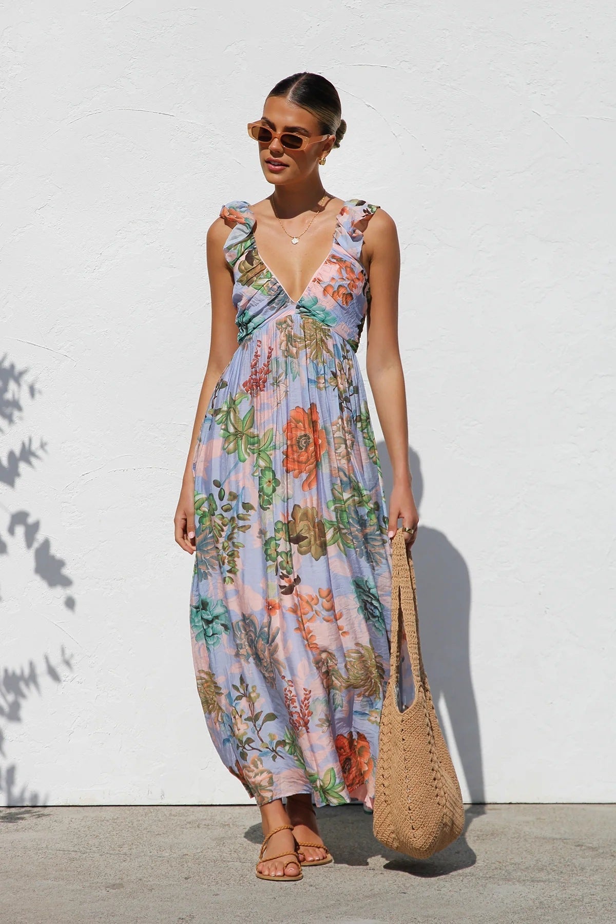 Ruffle V Neck Maxi Dress