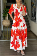 Casual Print Patchwork V Neck Long Dress Dresses