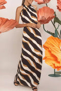 Casual Daily Striped Print Lace Up Contrast Halter One Step Skirt Dresses