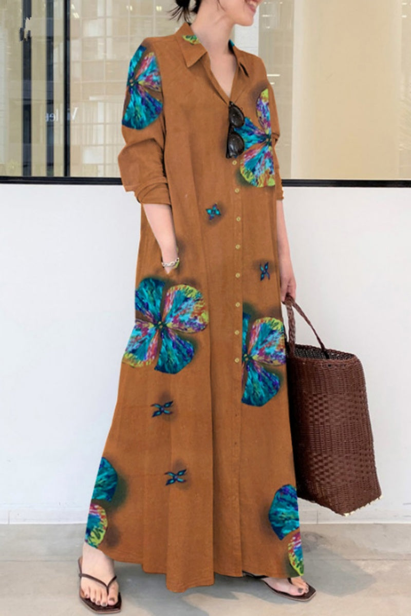 Casual Print Basic Shirt Collar Long Dresses(4 Colors)