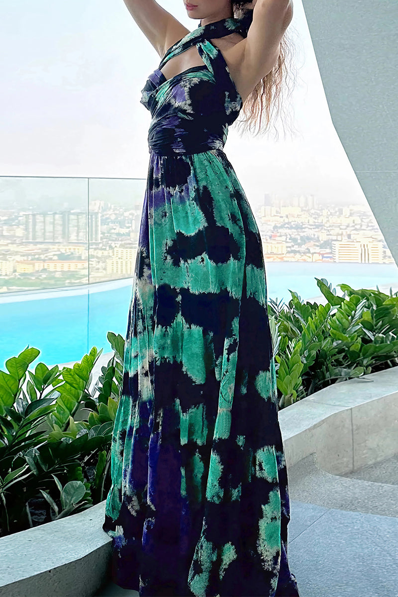 Sexy Tie Dye Print Cross Straps Contrast V Neck Sleeveless Dresses(A variety of binding methods)(3 Colors)
