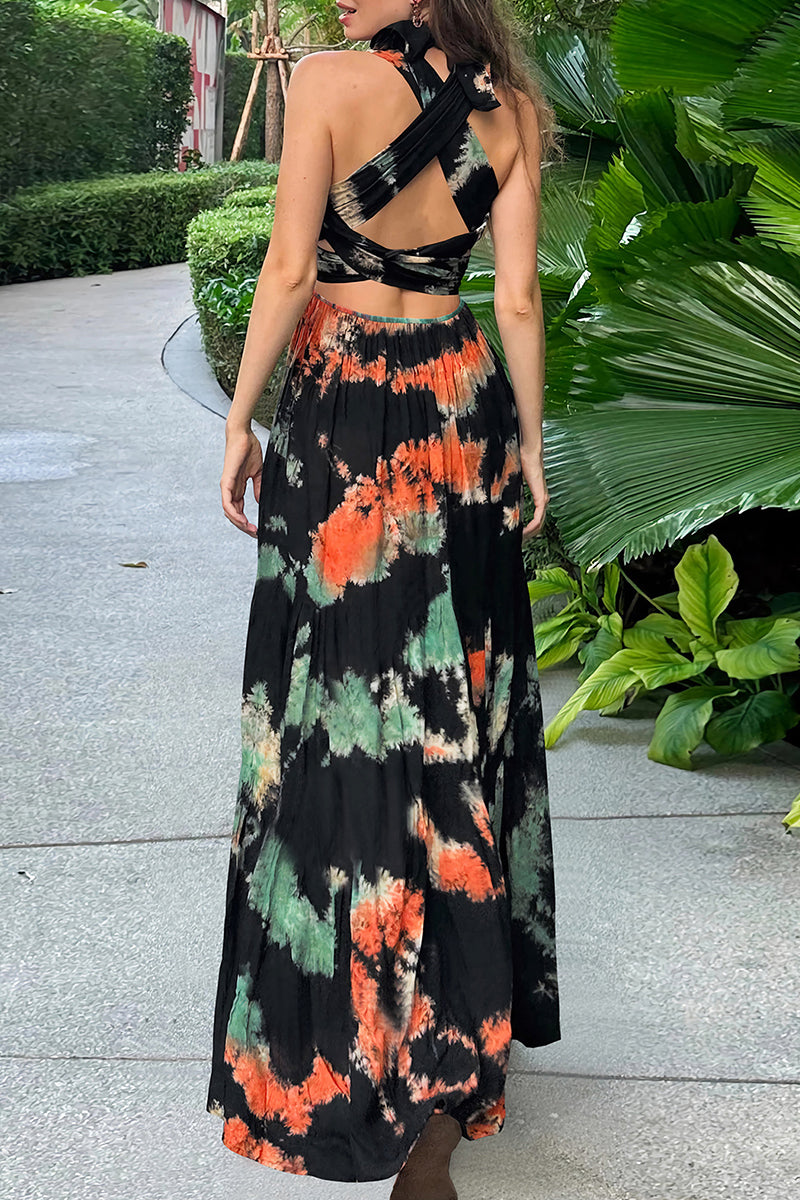 Sexy Tie Dye Print Cross Straps Contrast V Neck Sleeveless Dresses(A variety of binding methods)(3 Colors)