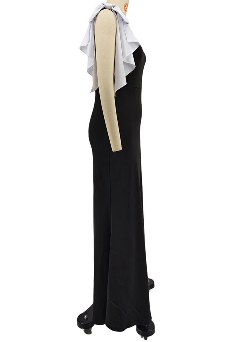 Elegant Patchwork Contrast Oblique Collar Long Dresses