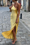 Sexy Backless Slit Sloping Shoulder Long Dresses