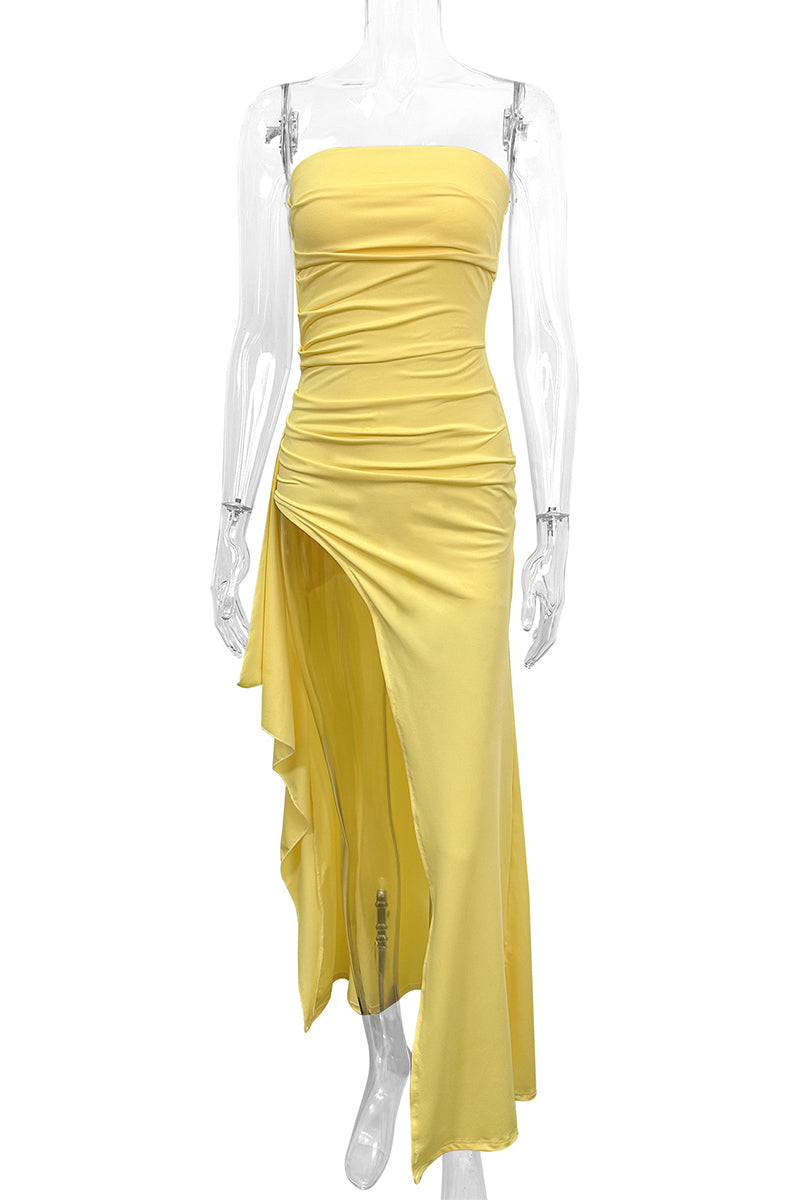 Sexy Slit Flounce Strapless Evening Dresses