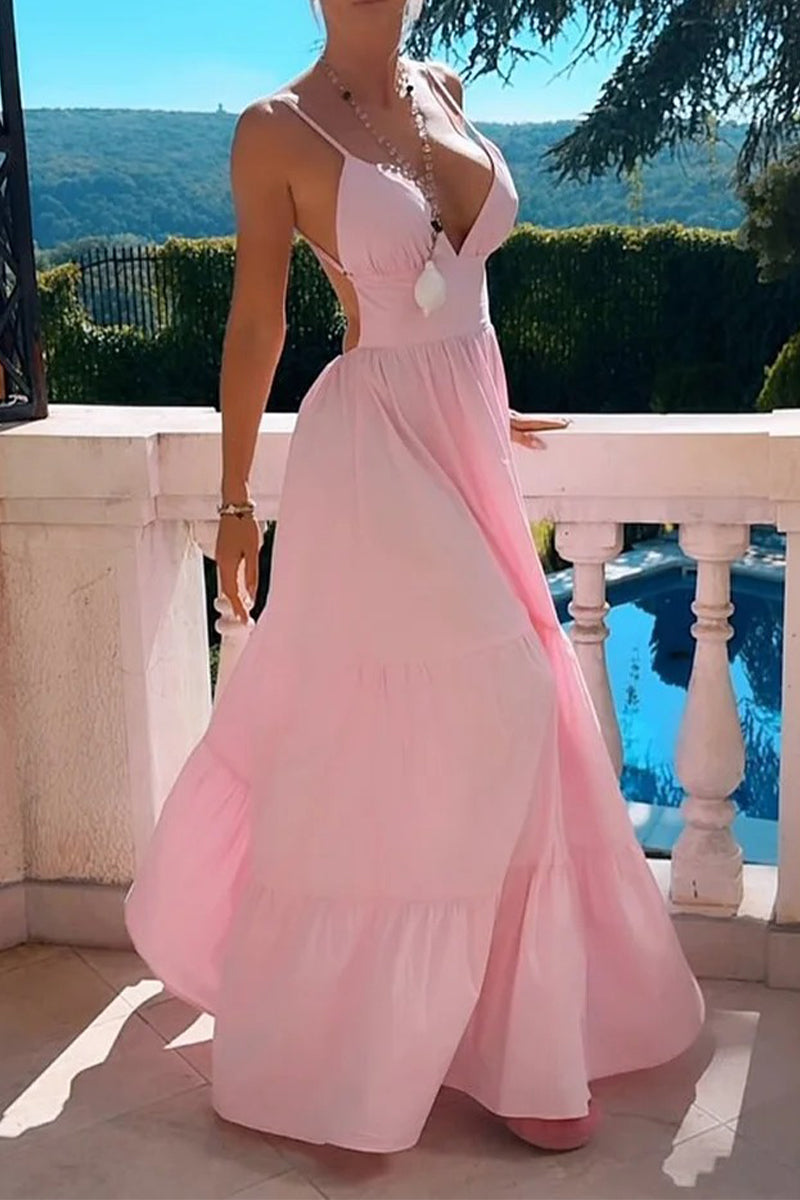 Sexy Solid Color Backless Flounce V Neck Waist Skirt Dresses