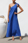 Casual Solid Color Lace Up Sloping Shoulder Irregular Dresses