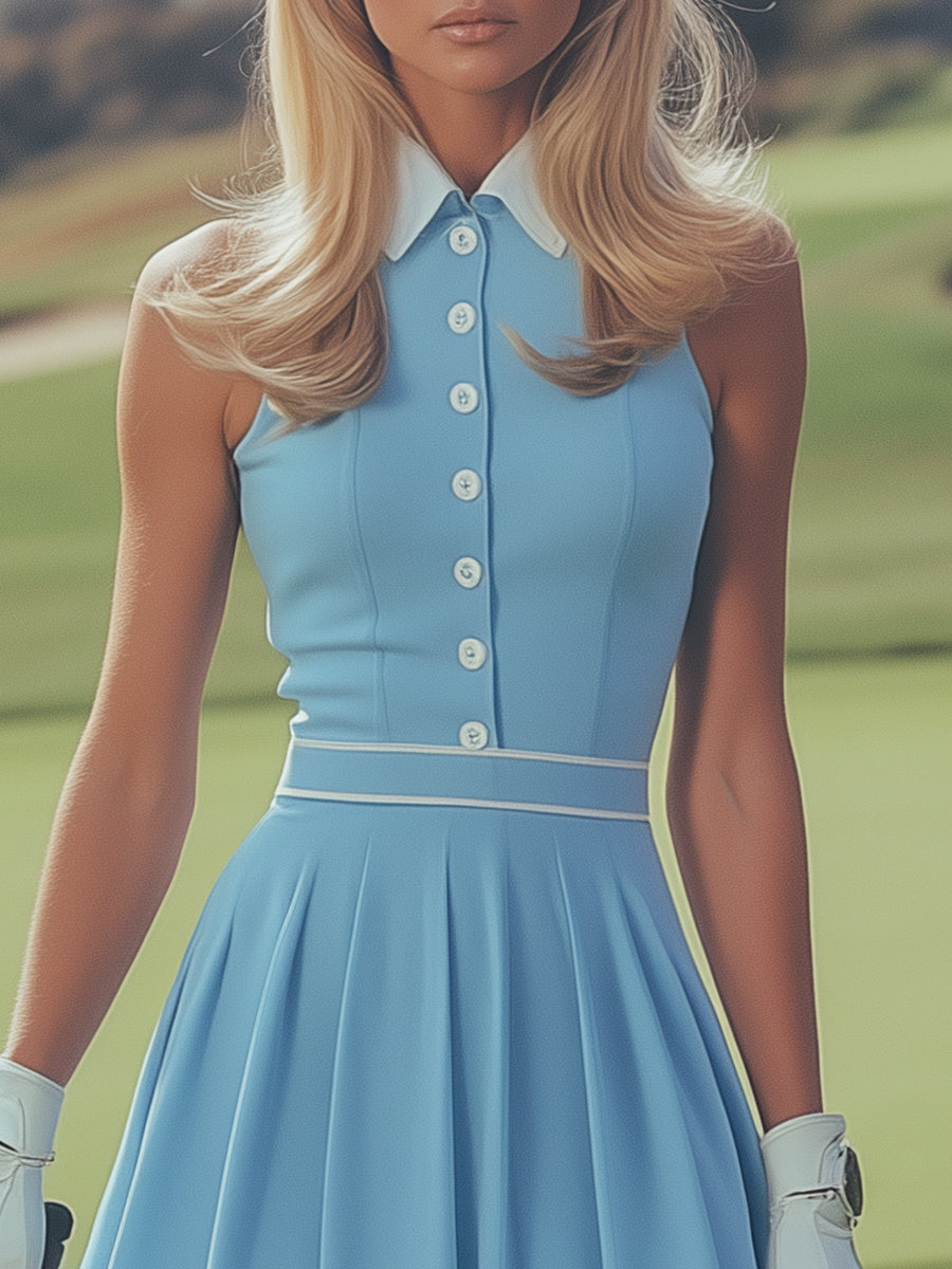 【24-hour shipping out】Elegant Sports White Button Detail Baby Blue Sleeveless Mini Dress