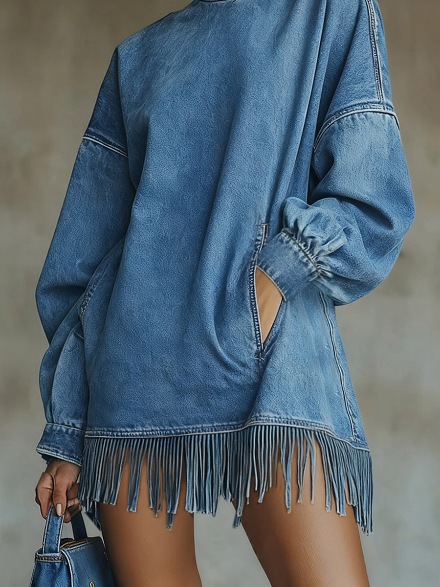 sheenchic Blue Denim High Neck Lantern Sleeve Pocket Fringe Hem Mini Dress