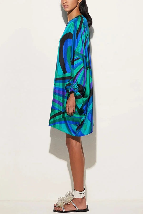 Micah Satin Unique Print Slit Tie-up Sleeve Shift Kaftan Mini Dress