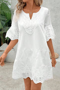Solid Color Hollow Embroidery Casual Lace V-Neck Mini Dress