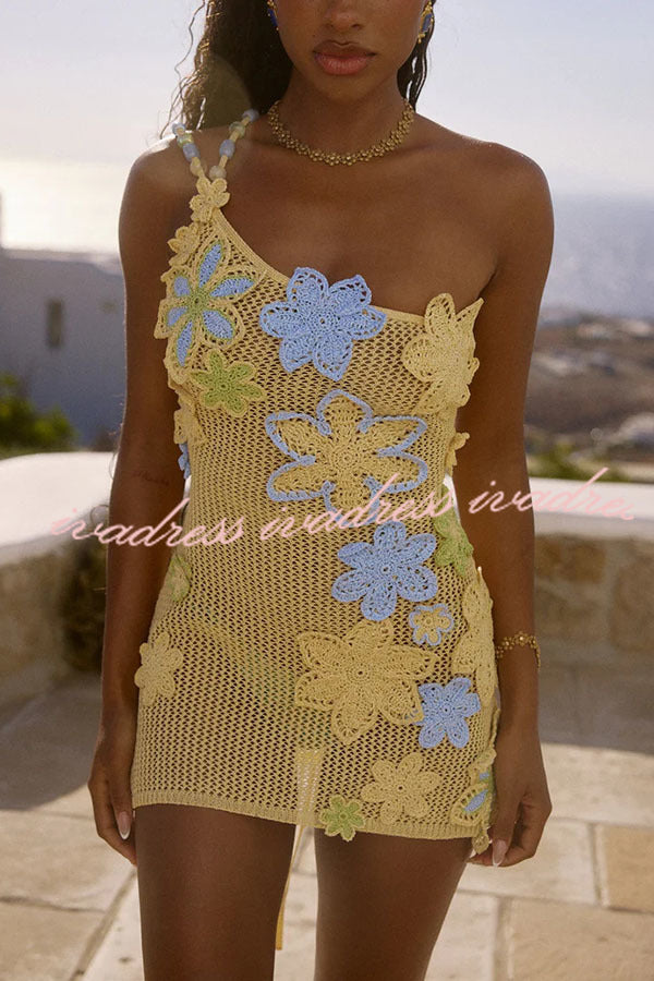 Nammos Knit Crochet Handmade Flower One Shoulder Back Tie-up Stretch Mini Dress
