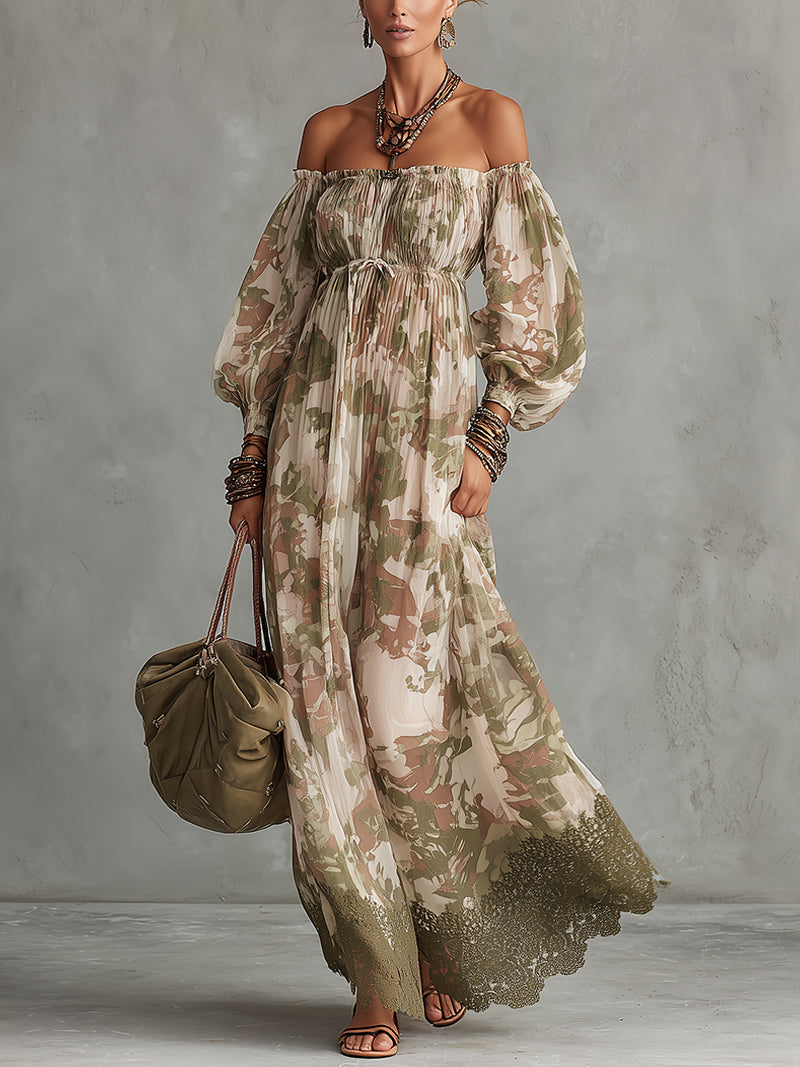Camouflage Print Off-Shoulder Chiffon Maxi Dress With Lace Hem