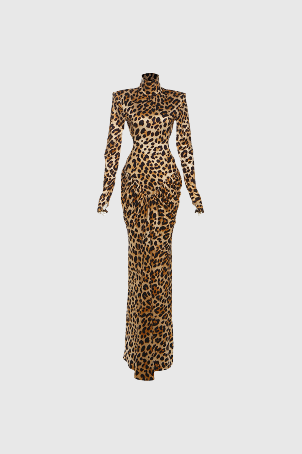 Cesarina Cutout Ruch Long Sleeve Leopard Maxi Dress