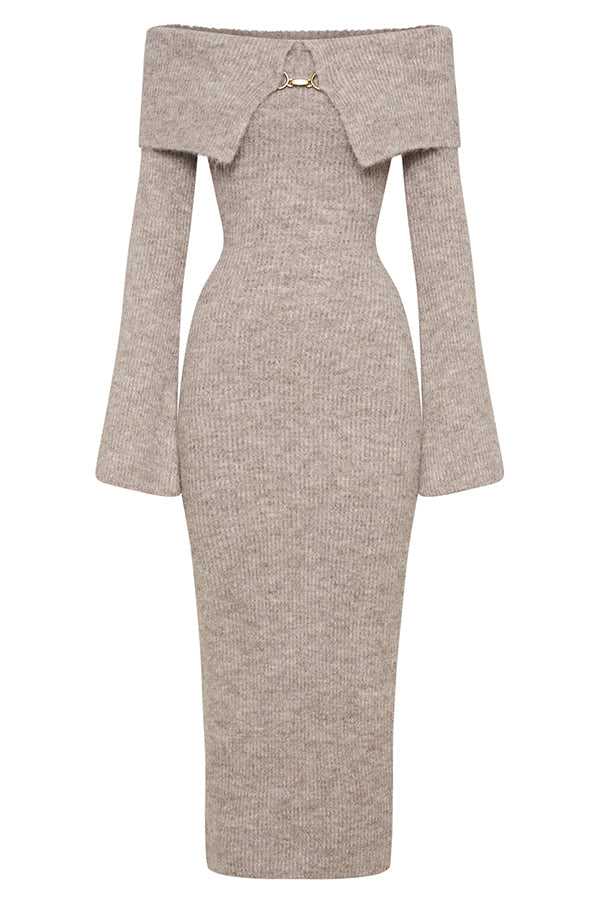 Solid Color Off-shoulder Long-sleeved Elegant Slim-fit Knit Maxi Dress