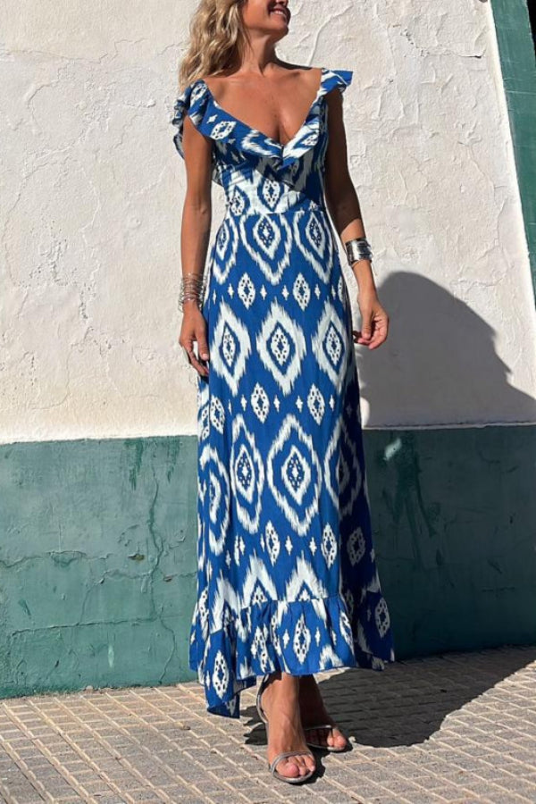 TUNISIA BLUE PRINTED. LONG DRESS