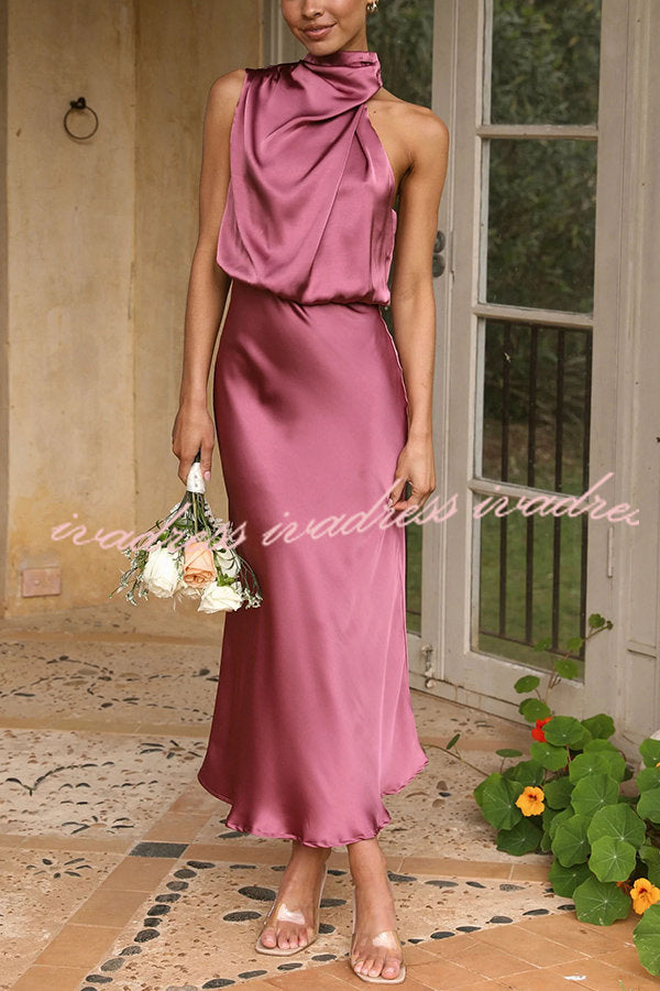 Perfectly Yours High Neck Elastic Waist  Satin Drape Maxi Dress