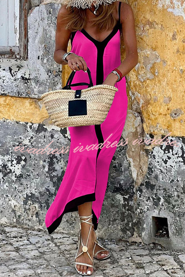 Traveling The Horizon Satin Colorblock Strap Loose Maxi Dress