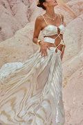 Natural Beauty Glossy Fabric Beaded Shoulder Straps Cutout Slit Vacation Maxi Dress