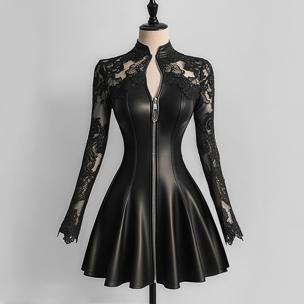 sheenchic PU Leather Lace Long Sleeve Zipper Mini Dress