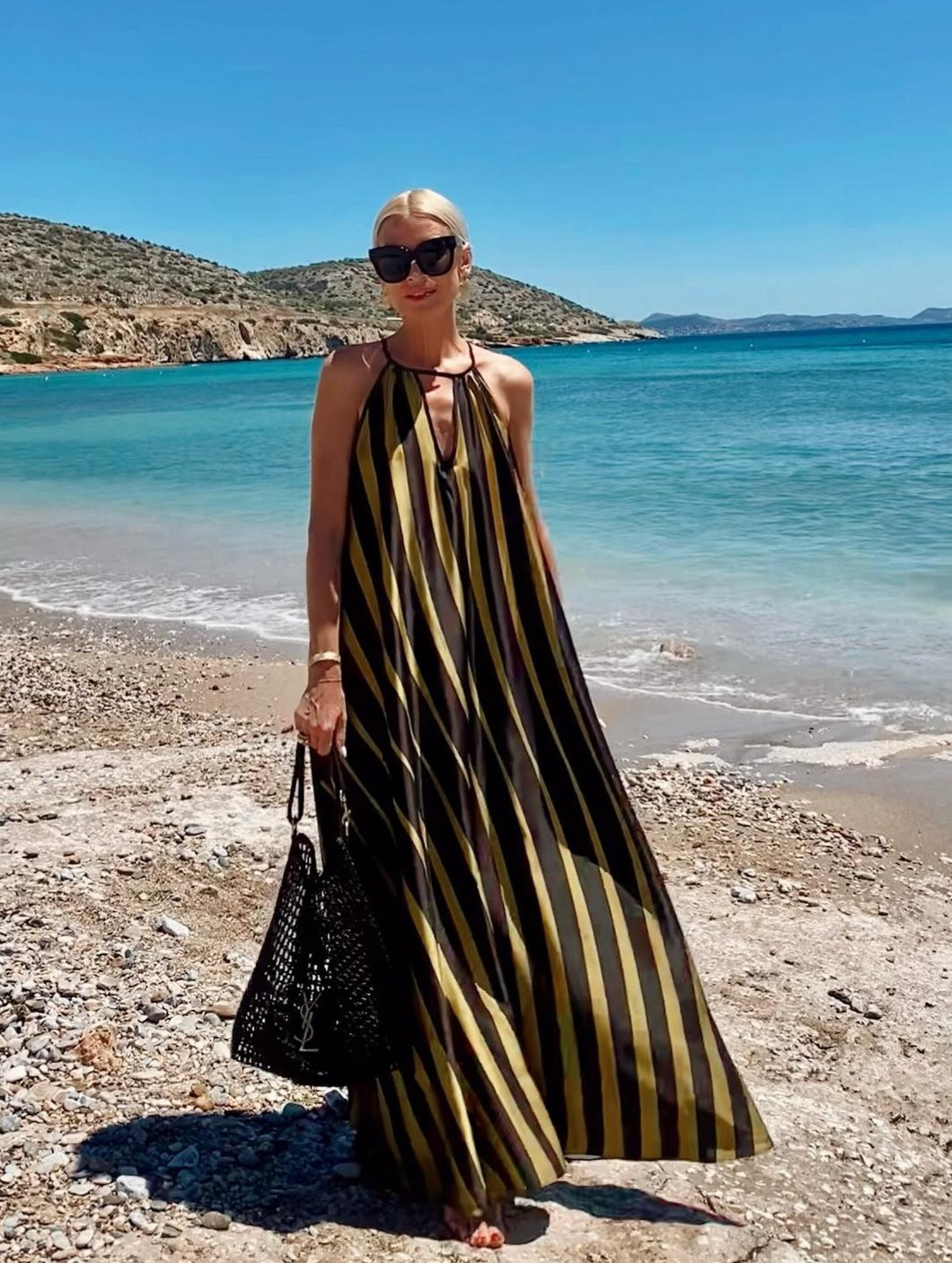 Halter Striped Print Maxi Dress