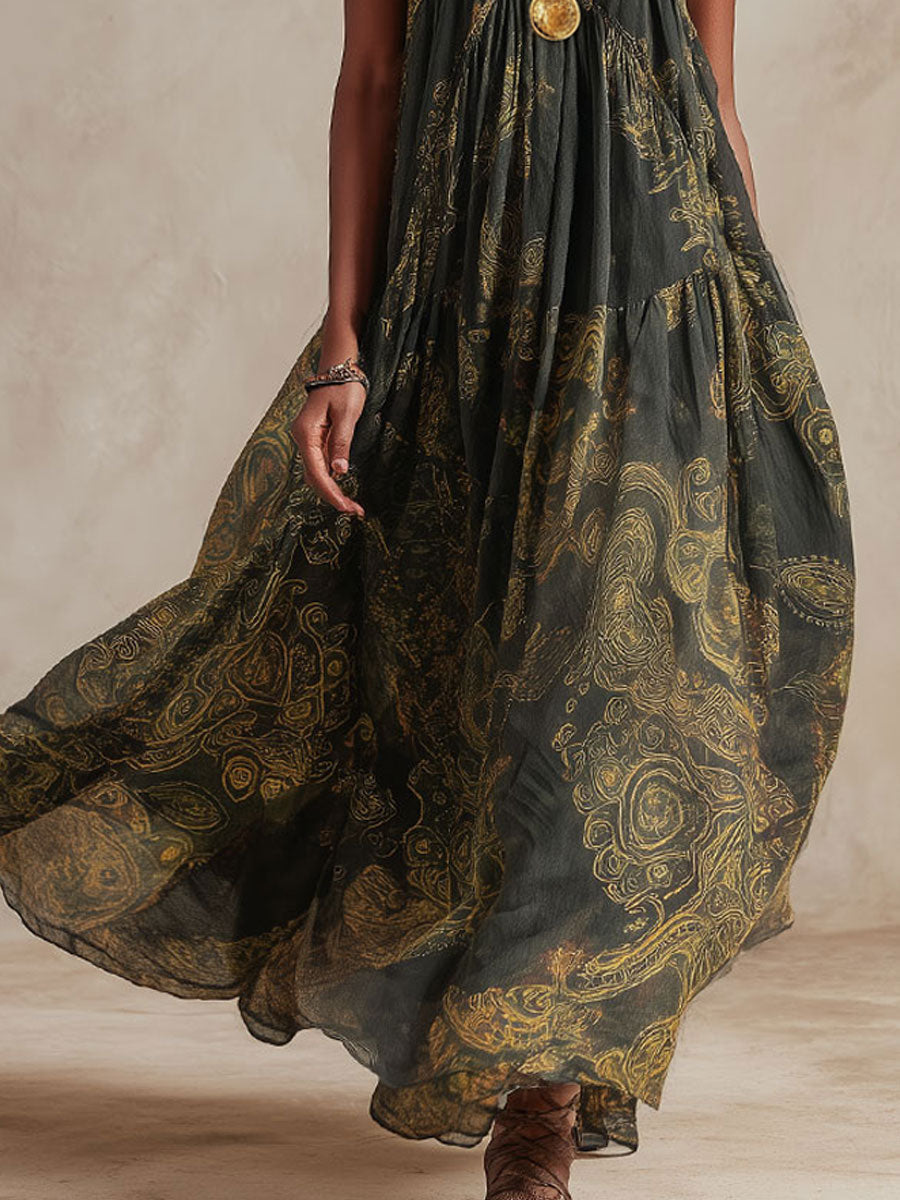 Vintage-style Paisley Dark Green Chiffon Sleeveless Maxi Dress