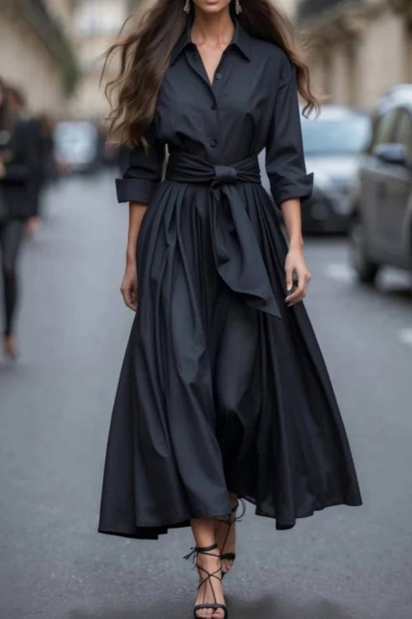 Shirt-collar. fitted-waist long dress