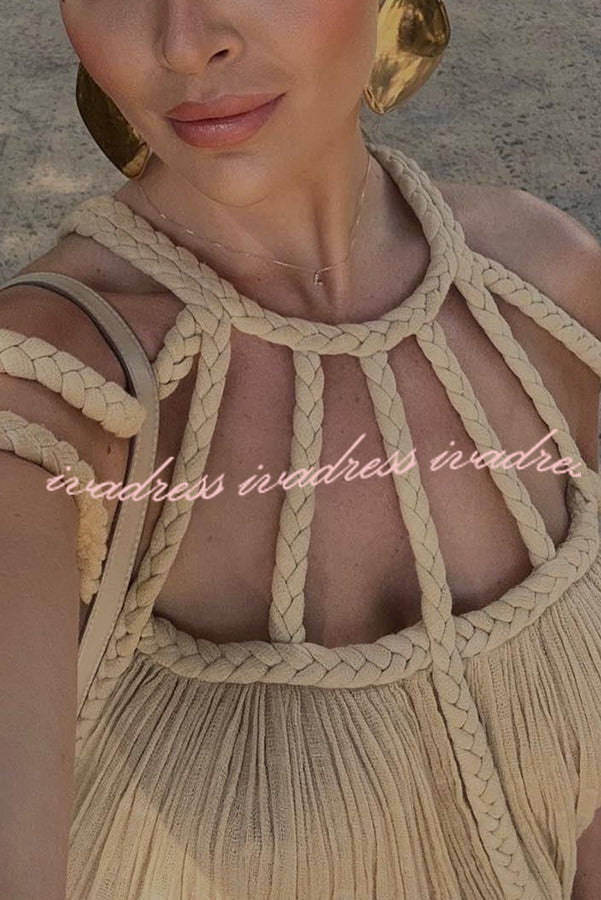 Modern and Sophisticated Linen Blend Draped Braids Cover Up Maxi Dress