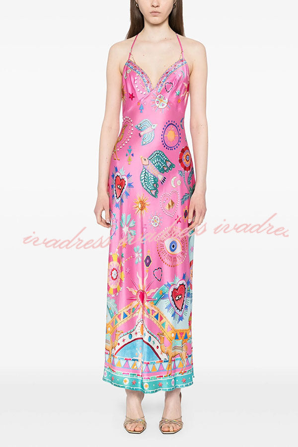 Effortless Chic Satin Unique Print Back Chain Detail Slip Maxi Dress